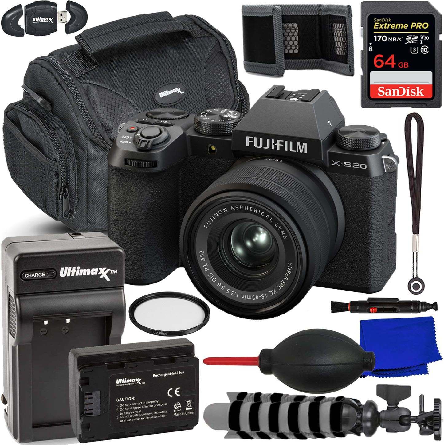 FUJIFILM X-S20 Mirrorless Camera with 15-45mm Lens (Black) Bundle 1