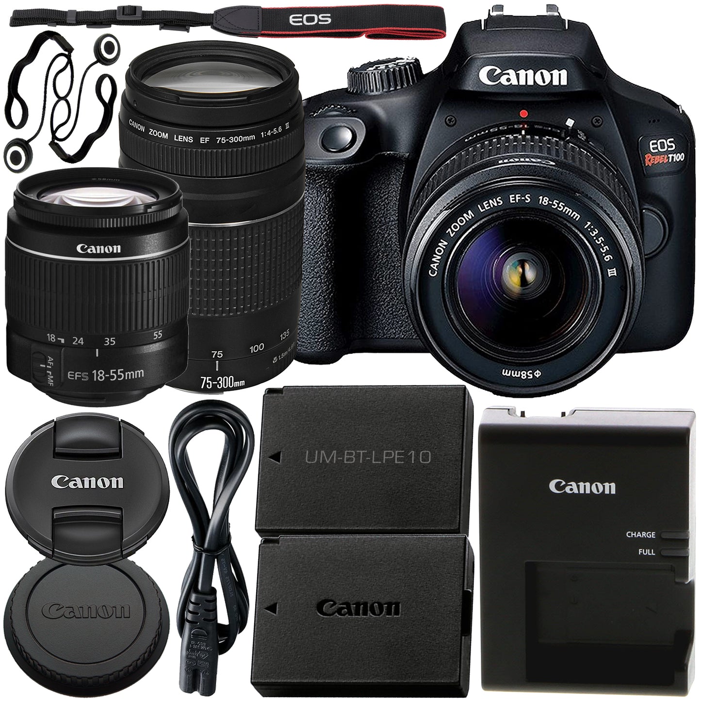 Canon EOS Rebel T100 DSLR Camera with EF-S 18-55mm III Lens & EF 75-300mm III Lens Basic Bundle - Includes: Free Promotional Extended Life LPE10 Replacement Battery (1600mAh) & 2x Lens Cap Keepers