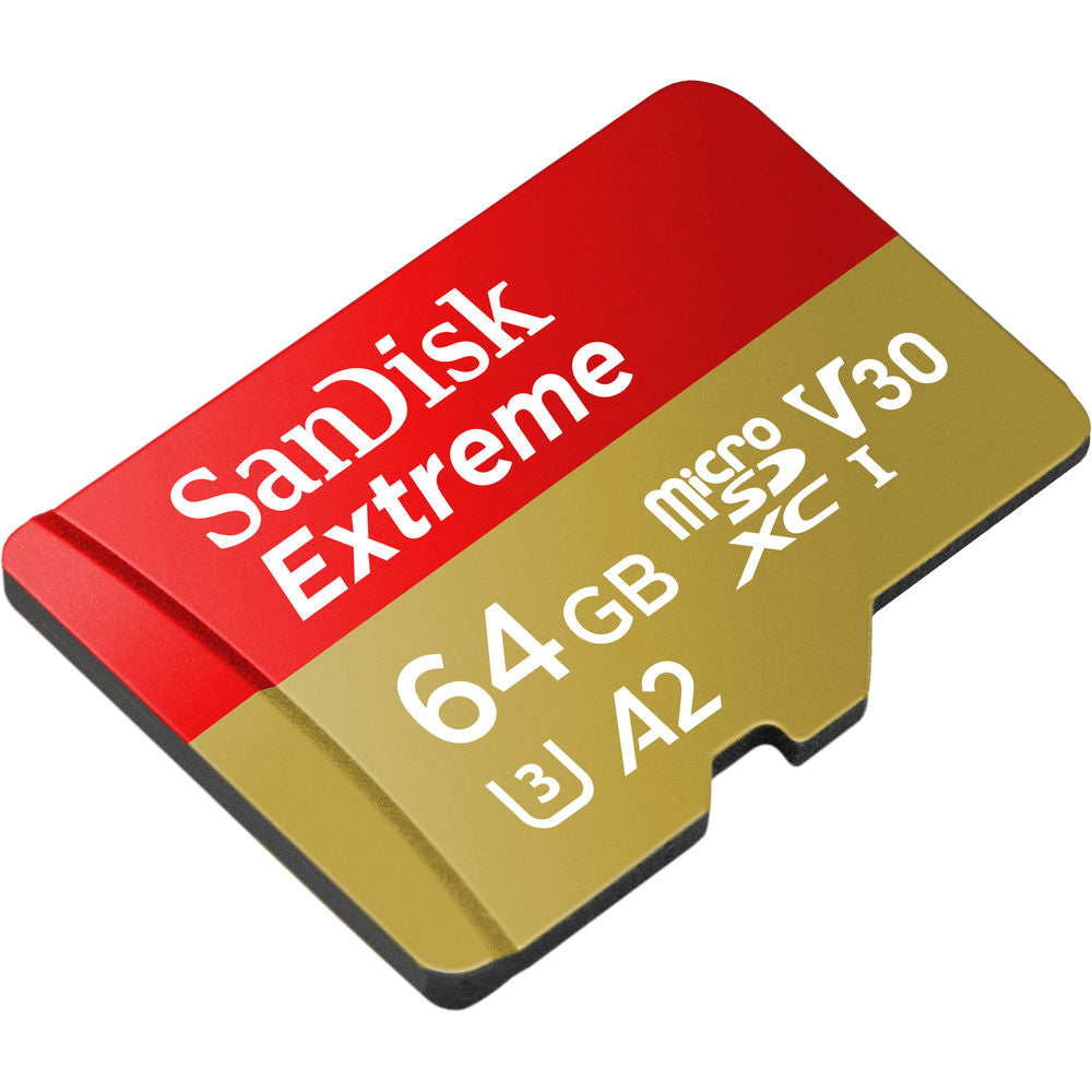 SanDisk Extreme Action Cam microSDXC Card 64GB Class 10, UHS-I, Class 3 UHS-I , v30 Video Speed Class A2 Rating with Adapter.