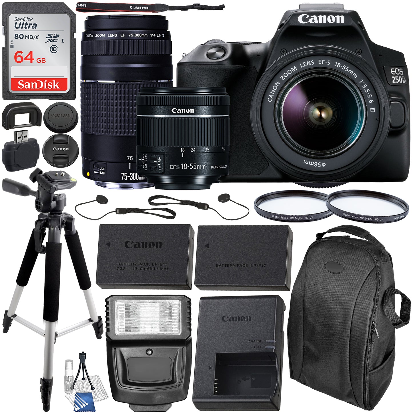 Canon EOS 250D (Rebel SL3) DSLR Camera with 18-55mm & 75-300mm Canon Lenses & Essential Accessory Bundle ? Includes: SanDisk Ultra 64GB SDXC Memory Card, Extended Life Spare Battery & MORE