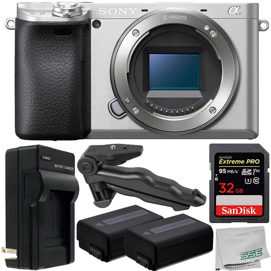 Sony Alpha a6400 Mirrorless Digital Camera (Silver) with Essential Accessory Bundle ? Includes: SanDisk Extreme PRO 32GB SDHC Memory Card + 2x Replacement Battery + Battery Charger + MORE