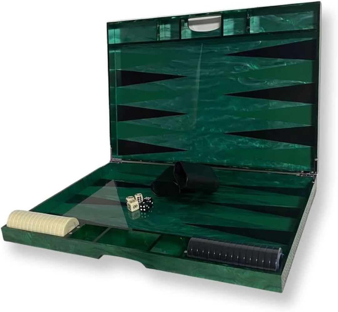LG BACKGAMMON - MAGNETS, GRN MARB,, BLK/GRN TRI, BLK/CREAM CHIPS /  Lucite Acrylic Backgammon Set