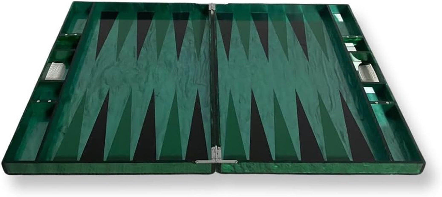 LG BACKGAMMON - MAGNETS, GRN MARB,, BLK/GRN TRI, BLK/CREAM CHIPS /  Lucite Acrylic Backgammon Set