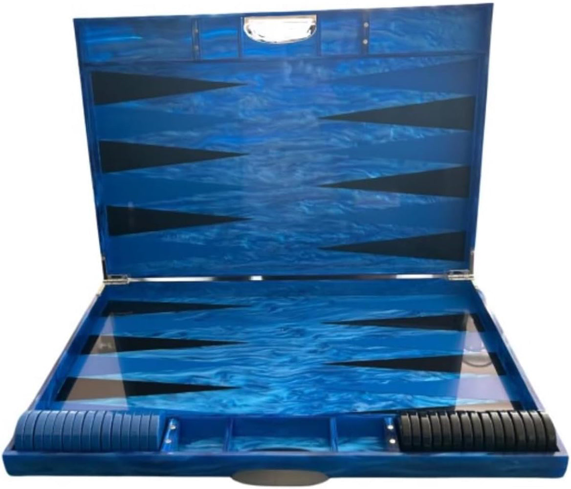 Lucite Acrylic Backgammon Set 18 Large Premium Board and Pieces (Blue Marble/Black)