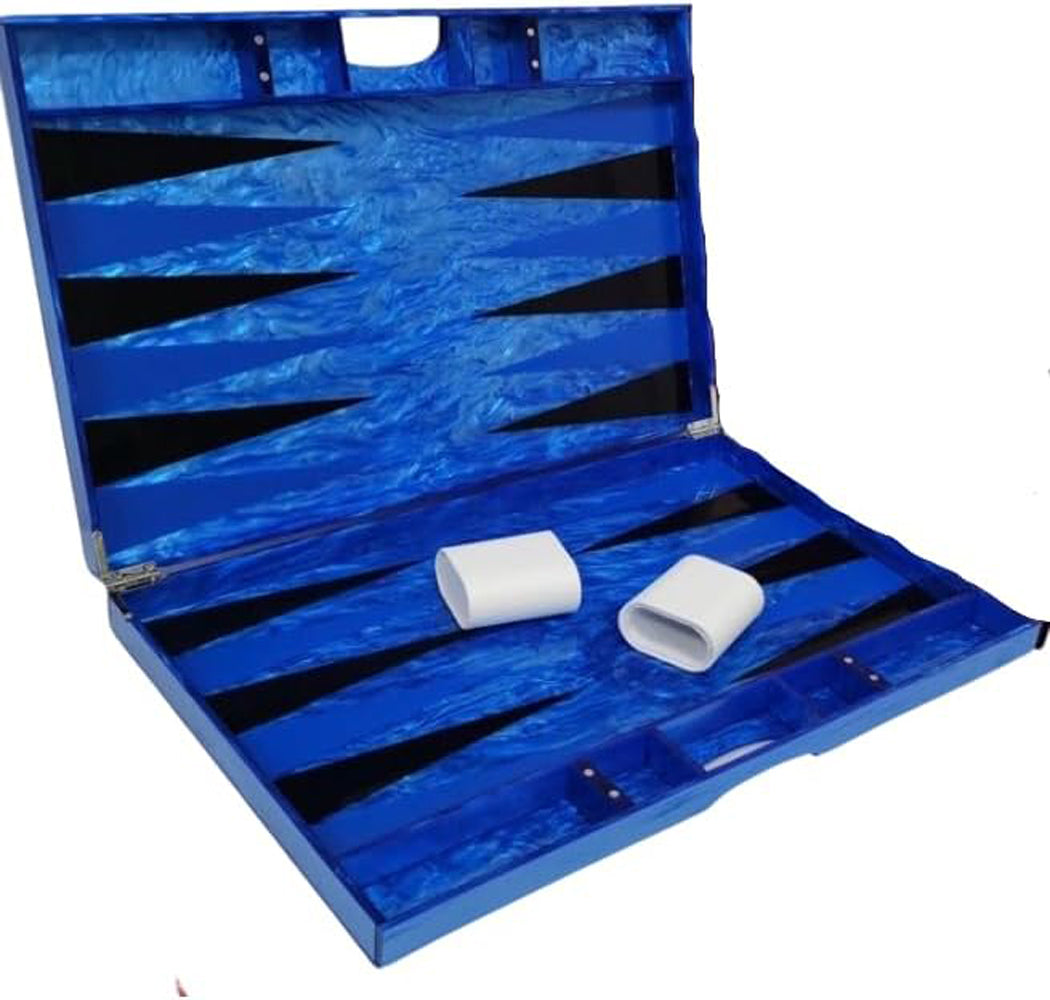 Lucite Acrylic Backgammon Set 18 Large Premium Board and Pieces (Blue Marble/Black)
