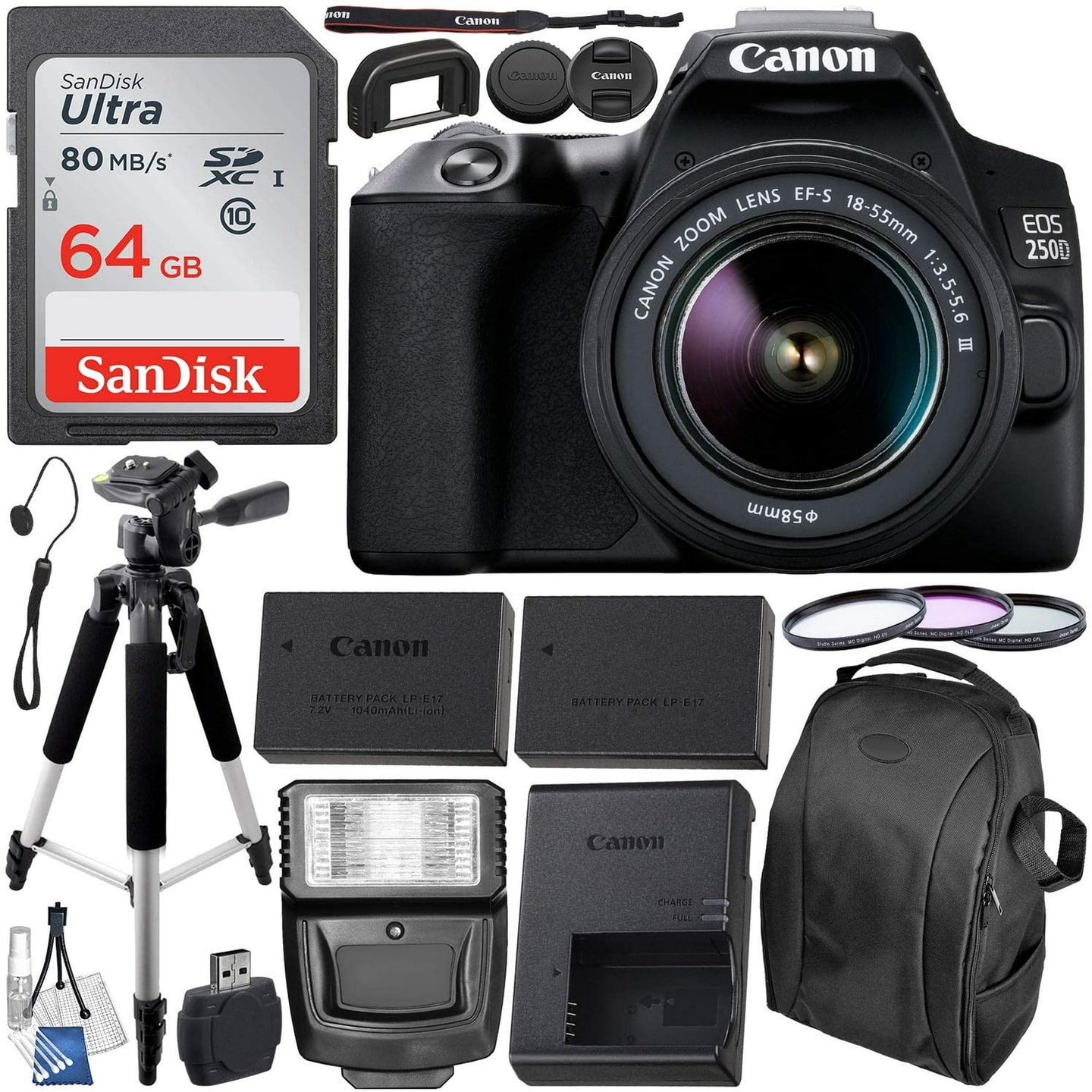 SSE Canon EOS 250D (Rebel SL3) DSLR Camera with 18-55mm DC III Lens & Essential Accessory Bundle ? Includes: SanDisk Ultra 64GB SDXC Memory Card, Extended Life Battery, Slave Flash, 57? Tripod & More