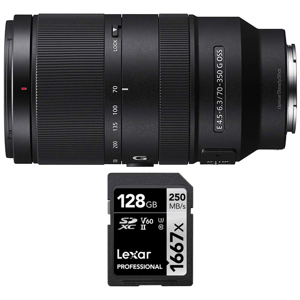 Sony E 70-350mm F4.5-6.3 G OSS Super-Telephoto Lens Bundle with Lexar Professional SDHC/SDXC 1667x UHS-II 128GB Memory Card