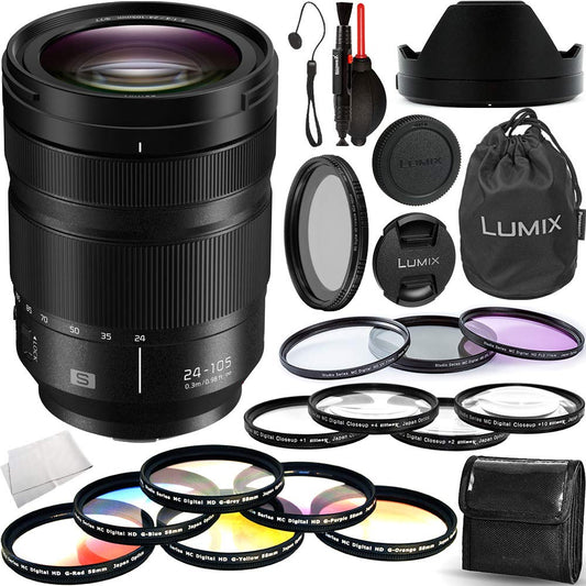 Panasonic Lumix S 24-105mm f/4 Macro O.I.S. Lens with Advanced Accessory Bundle: Bundle Includes ? 3pc Filter Kit(UV,CPL,FLD), 6pc Graduated Color Filter Kit, 4pc Macro Close-up Filter Kit, Variable Neutral Density Filter, and 3pc Cleaning Kit