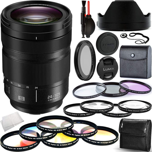 Panasonic Lumix S 24-105mm f/4 Macro O.I.S. Lens (White Box) with Advanced Accessory Bundle: Bundle Includes ? 3pc Filter Kit(UV,CPL,FLD), 6pc Graduated Color Filter Kit, 4pc Macro Close-up Filter Kit, Variable Neutral Density Filter, and 3pc Cleaning Kit