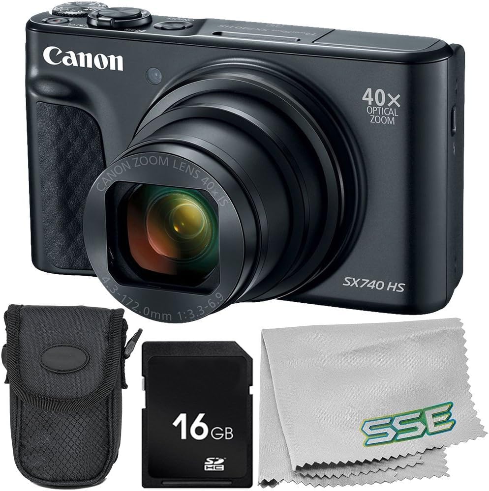 Canon PowerShot SX740 HS Digital Camera (Black) 5PC Bundle - Includes 16GB SD Memory Card + Point & Shoot Case + Extra Battery + Microfiber Cleaning Cloth