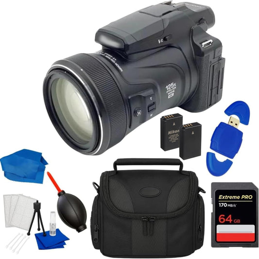 Nikon COOLPIX P1100 Digital Camera 26541 (Black) - (Accessory Bundle) SD 64GB Extreme PRO, Gadget Bag, Extra Battery, Card Reader, Cleaning Kit and More