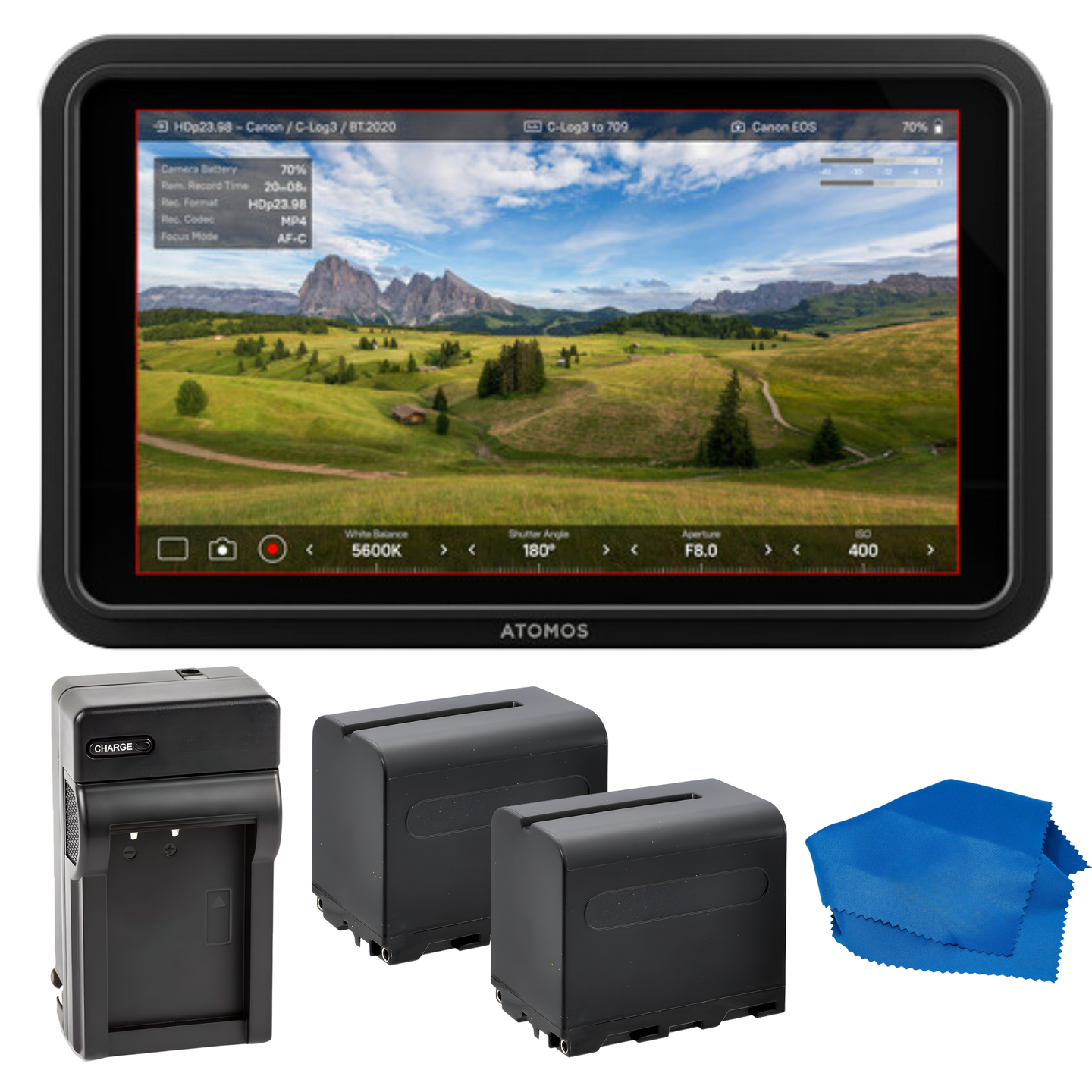 Atomos Shinobi 7 4K HDMI/SDI Monitor & Power Bundle - Includes: Manufacturer Accessories + 2x Extended Life NP-F975 Batteries + AC/DC Rapid Home & Travel Battery Charger + Microfiber Cleaning Cloth