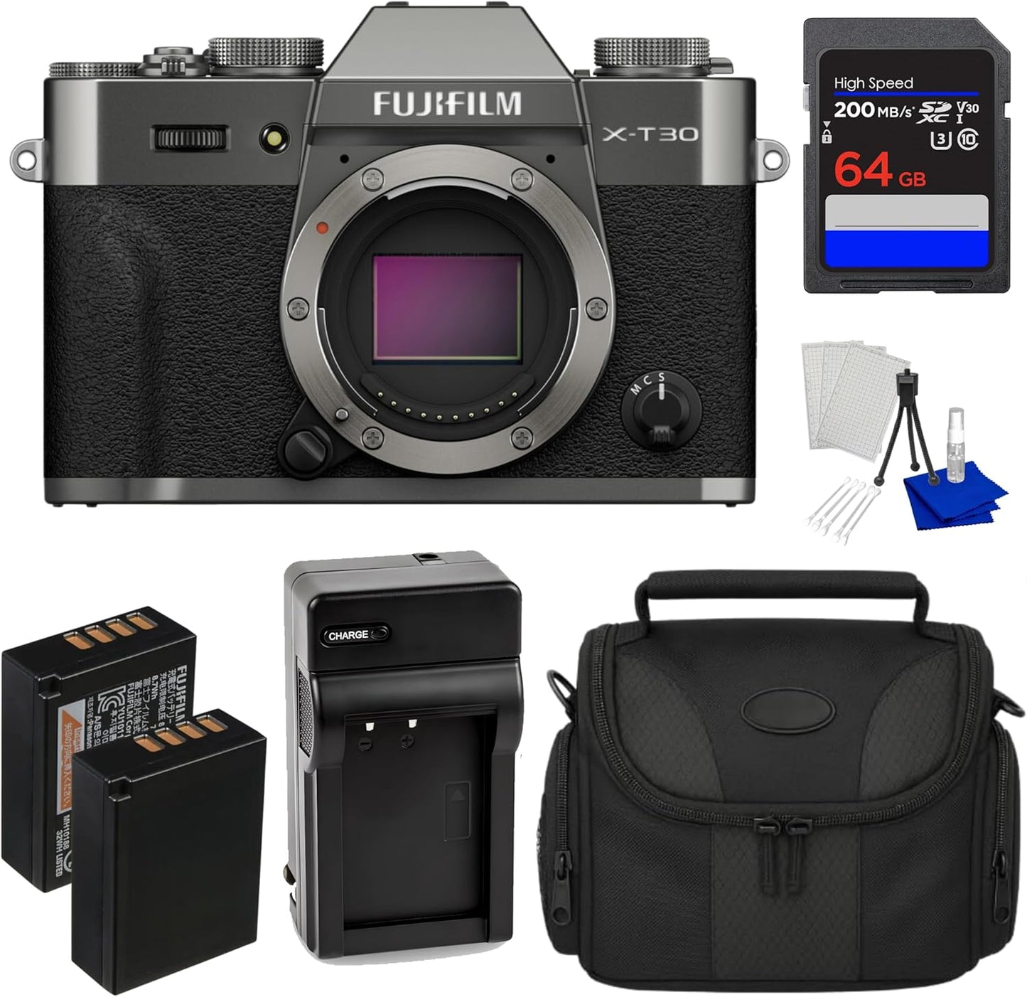 Fujifilm X-T30 III Mirrorless Camera Body (Charcoal Silver) ? 26.1MP X-Trans, X-Processor 5, 4K/6.2K ? Bundle with 64GB SD Memory Card + Extra Battery + Charger + Bag + Starter Kit + More
