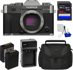 Fujifilm X-T30 III Mirrorless Camera Body (Charcoal Silver) ? 26.1MP X-Trans, X-Processor 5, 4K/6.2K ? Bundle with 64GB SD Memory Card + Extra Battery + Charger + Bag + Starter Kit + More