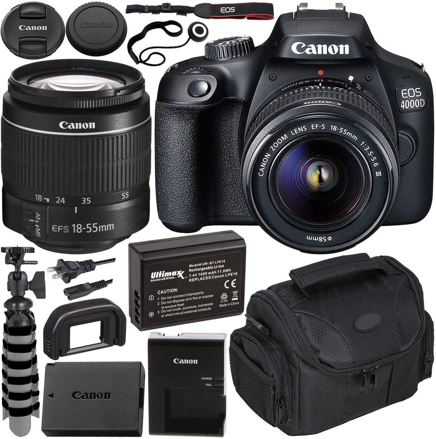 Canon EOS 4000D DSLR Camera with EF-S 18-55mm f/3.5-5.6 III Lens Beginner?s Bundle - Includes: Extended Life LPE10 Replacement Battery, Flexible Tripod & MORE