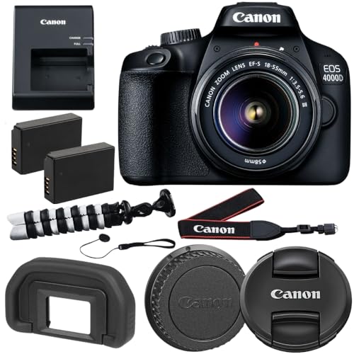 SSE Canon EOS 4000D with EF-S 18-55mm f/3.5-5.6 III Lens & Professional Accessory Bundle - Includes: Spare LPE10 Battery, Slave Flash, Large Gadget Bag with Dual Buckles & Much More