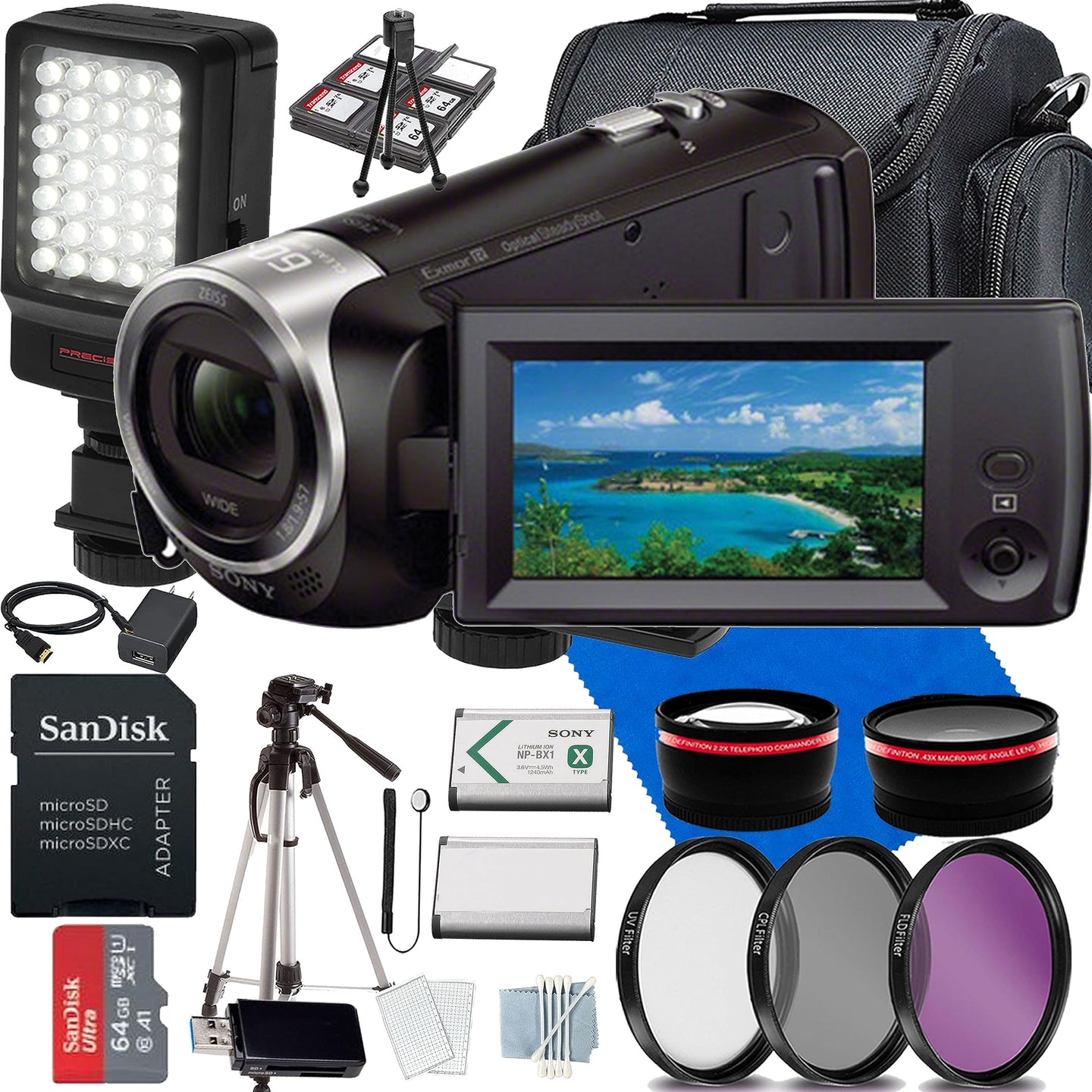 Sony HDR-CX405 HD Handycam(HDRCX405/B)+LED Light Case+Commander Starter Kit+64 GIG Memory Card+LED Light+Tripod(13PC) Bundle