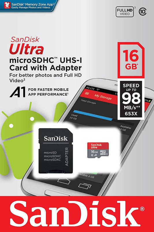 Sandisk Ultra 16GB Micro SDHC UHS-I Card with Adapter - 98MB/s U1 A1 - SDSQUAR-016G-GN6MA