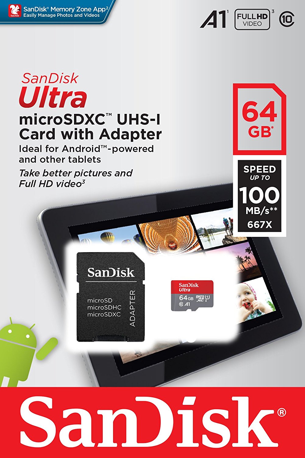 Sandisk Ultra 64GB Micro SDXC UHS-I Card with Adapter -  100MB/s U1 A1 - SDSQUAR-064G-GN6MA