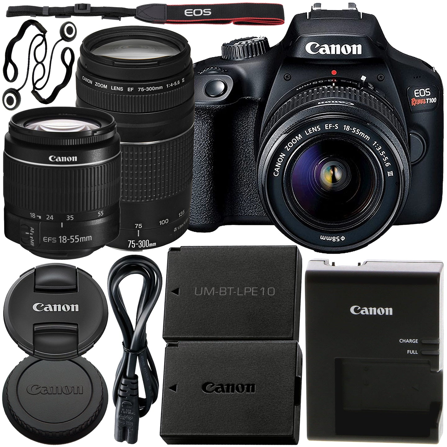 Canon EOS Rebel T100 DSLR Camera with EF-S 18-55mm III Lens & EF 75-300mm III Lens Basic Bundle - Includes: Free Promotional Extended Life LPE10 Replacement Battery (1600mAh) & 2x Lens Cap Keepers