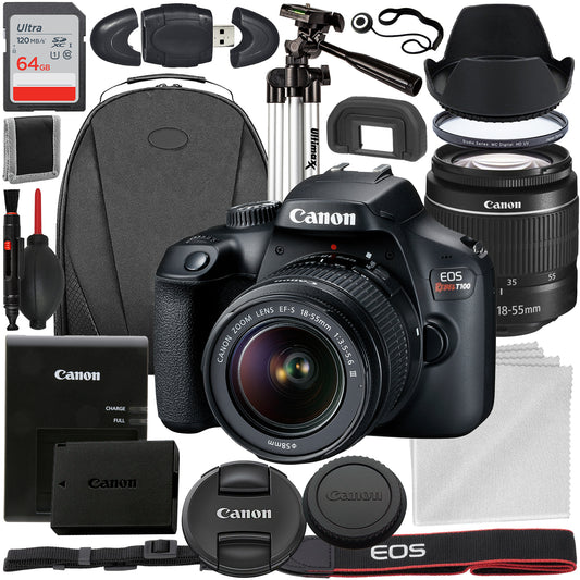 Canon EOS Rebel 4000D/T100 DSLR Camera with 18-55mm f/3.5-5.6 Zoom Lens and Advanced Accessory Bundle: Bundle Includes - SanDisk Ultra 62GB Memory Card, Tripod, Case, and Much More (18pc Bundle)