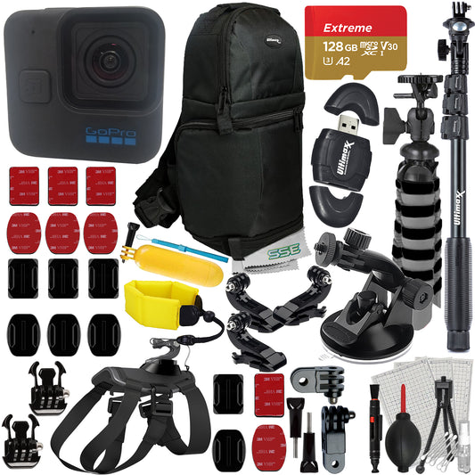 Ultimaxx Advanced GoPro HERO11 Black Mini Bundle - Includes: 128GB Extreme MicroSDXC, Pet Harness w/ Action Cam Mount, Lightweight Monopod & Much More (31pc Bundle)