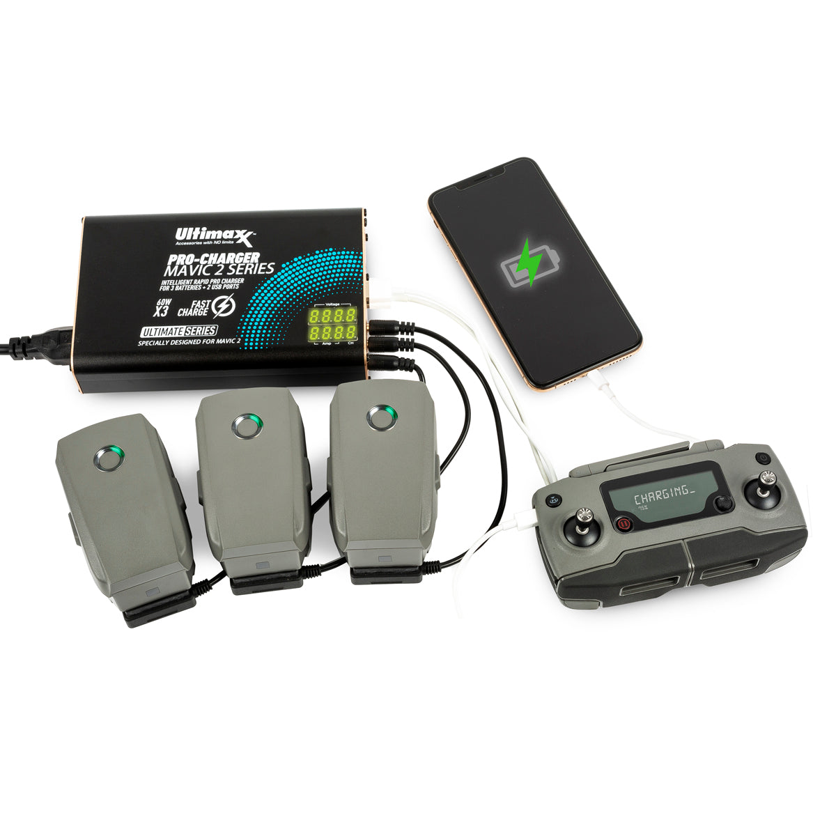 ULTIMAXX Mavic 2 Intelligent Rapid Pro Charger-3 Batteries + 2 USB Ports