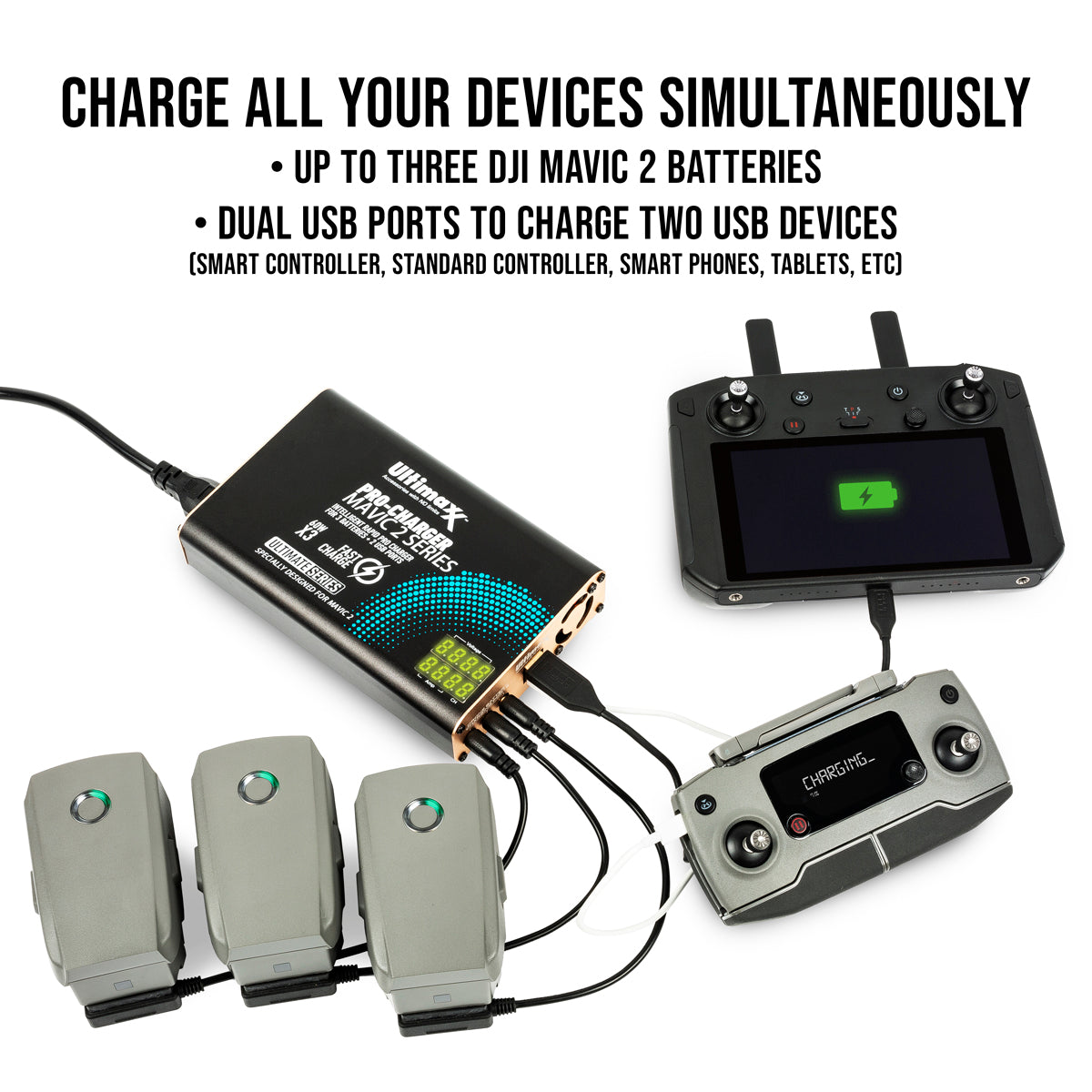 ULTIMAXX Mavic 2 Intelligent Rapid Pro Charger-3 Batteries + 2 USB Ports