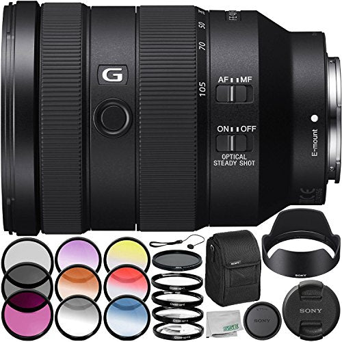 Sony FE 24-105mm f/4 G OSS Lens with 6 Item Accessory Bundle - Includes 3pc Filter Kit ? 77mm (UV, CPL, FLD) + 4pc Close Up Filter Kit ? 77mm (+1,+2,+4,+10) + 6pc Graduated Filter Kit + More