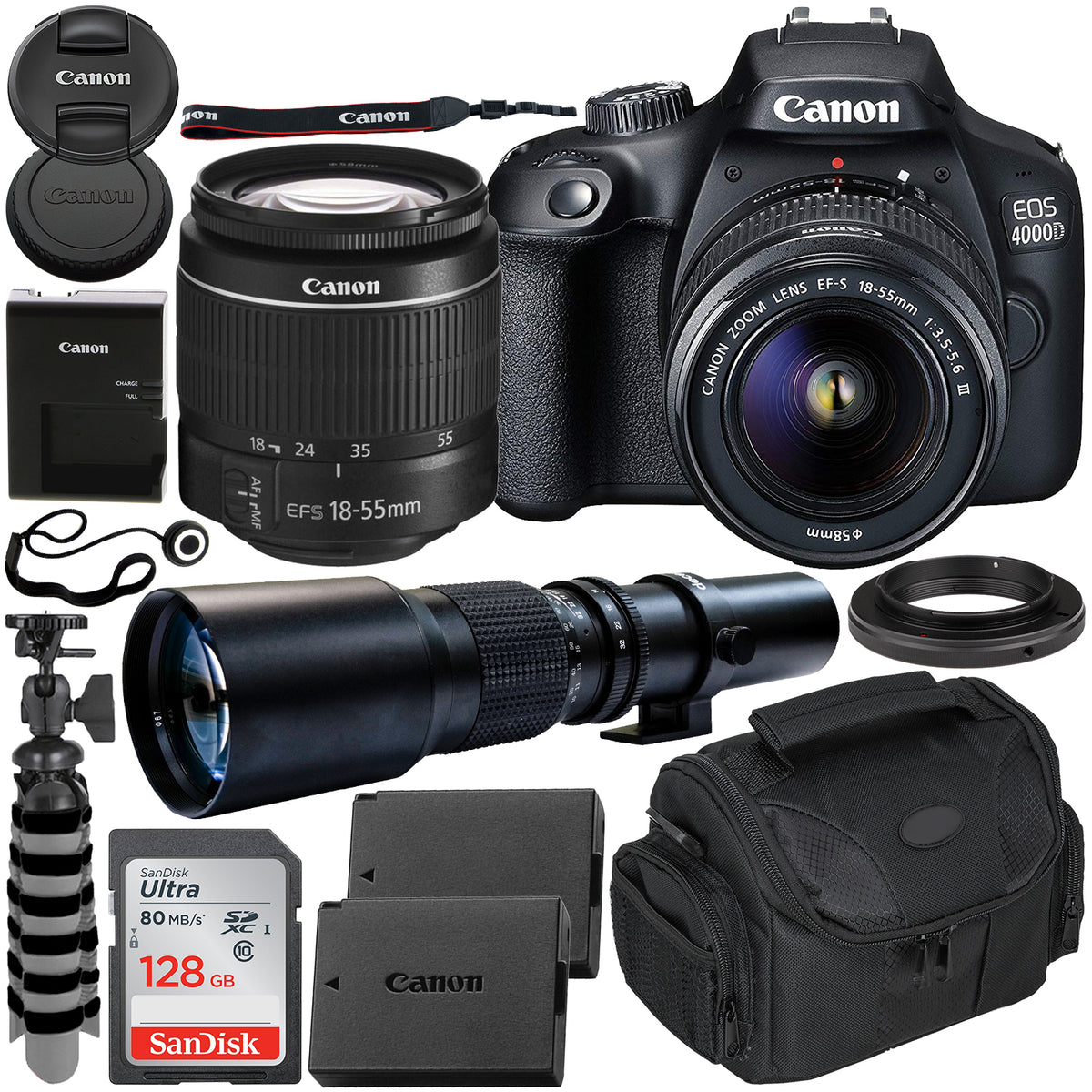 Canon EOS 4000D DSLR Camera with EF-S 18-55mm f/3.5-5.6 III Lens & 500mm Preset Lens Beginner’s Bundle - Includes: SanDisk Ultra 128GB SDXC Memory Card, Extended Life LPE10 Replacement Battery & MORE