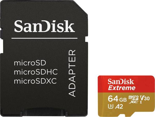 SanDisk Extreme Action Cam microSDXC Card 64GB Class 10, UHS-I, Class 3 UHS-I , v30 Video Speed Class A2 Rating with Adapter.