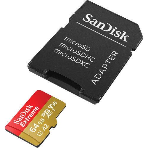 SanDisk Extreme Action Cam microSDXC Card 64GB Class 10, UHS-I, Class 3 UHS-I , v30 Video Speed Class A2 Rating with Adapter.