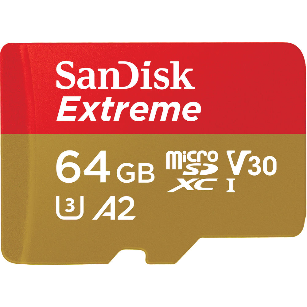 SanDisk Extreme Action Cam microSDXC Card 64GB Class 10, UHS-I, Class 3 UHS-I , v30 Video Speed Class A2 Rating with Adapter.