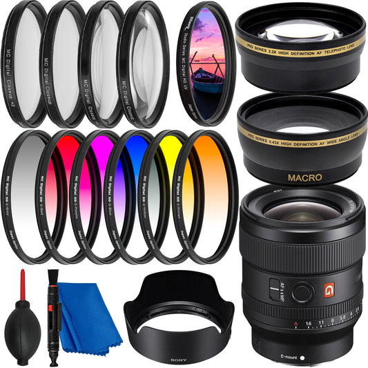 Sony FE 24mm f/1.4 GM Lens with Filter Bundle - Includes: Professional Telephoto Lens Attachment + 0.43X Wide Angle Lens Attachment + 6PC Gradual Color Filter Set + Digital HD UV Filter & More