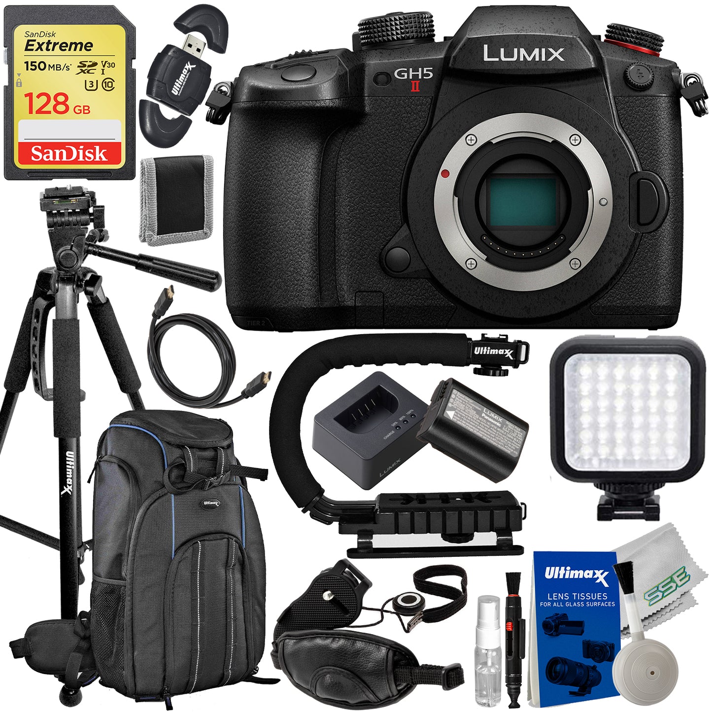 Panasonic Lumix GH5 II Mirrorless Camera (Body Only) with Essential Accessory Bundle: SanDisk 128GB Extreme SDXC, Deluxe Camera Backpack, Lightweight 60? Tripod & Much More