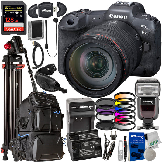Canon EOS R5 Mirrorless Camera with 24-105mm f/4 Lens & Deluxe Accessory Bundle: SanDisk 128GB Extreme Pro SDXC, Professional 72? Tripod, Filter Kits & So Much More (36pc Bundle)