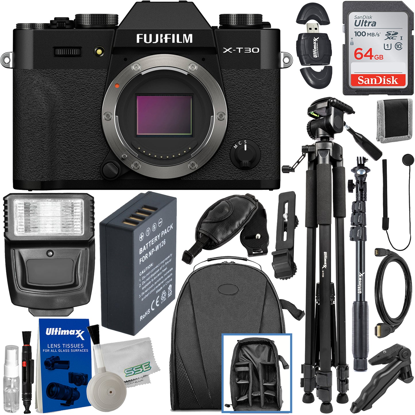 FUJIFILM X-T30 II Mirrorless Camera (Black - Body Only) with Advanced Accessory Bundle: SanDisk 64GB Ultra SDXC, Spare Battery, 48? Monopod & Much More (22pc Bundle)