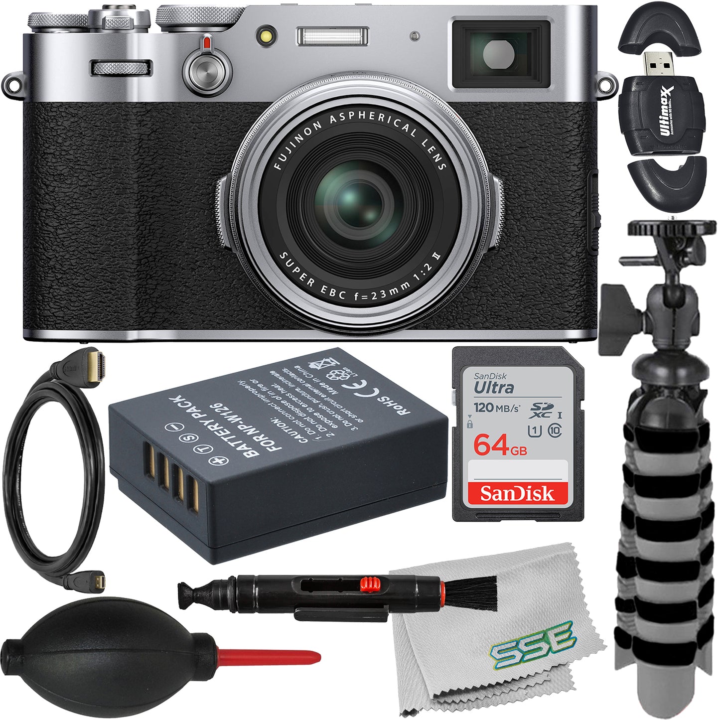 FUJIFILM X100V Digital Camera (Silver) with Essential Accessory Bundle: SanDisk 64GB Ultra SDXC Memory Card, Mini ?Gripster? Tripod, Spare Battery & More (17pc Bundle)