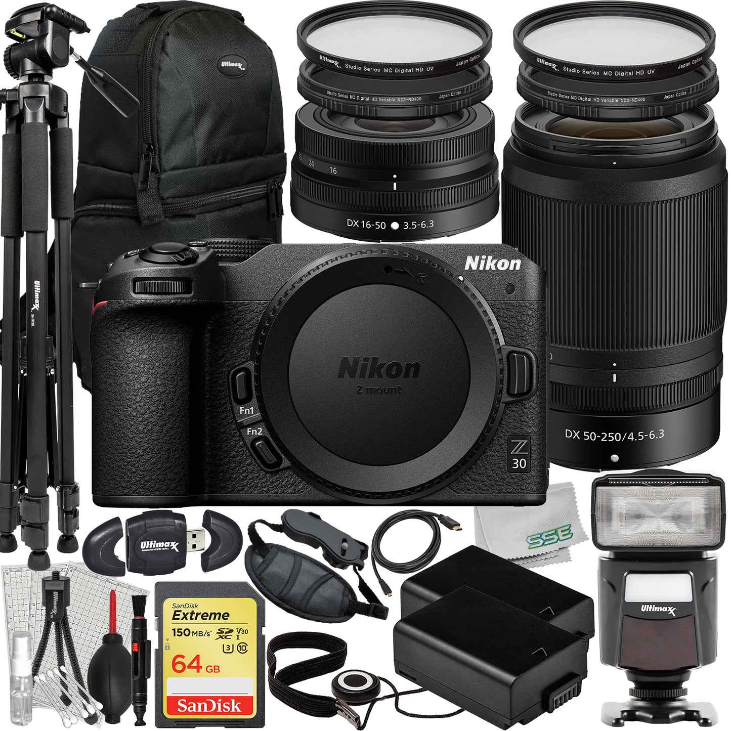 Nikon Z30 Mirrorless Camera with 16-50mm & 50-250mm Lenses + Deluxe Accessory Bundle: SanDisk 64GB Extreme SDXC, Universal Speedlite, 60? Tripod, 2x Batteries & Much More (33pc Bundle)
