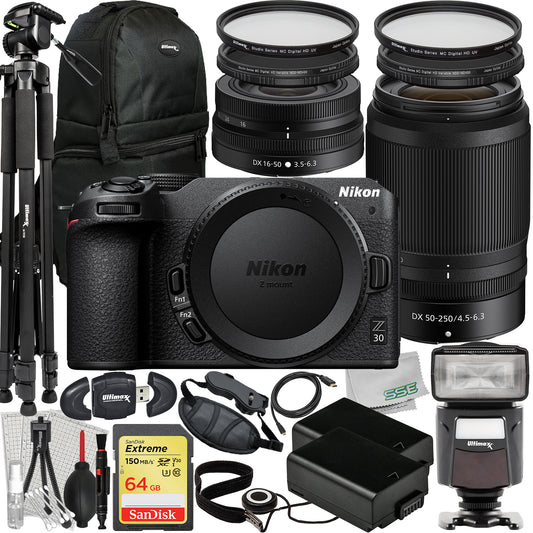 Nikon Z30 Mirrorless Camera with 16-50mm & 50-250mm Lenses + Deluxe Accessory Bundle: SanDisk 64GB Extreme SDXC, Universal Speedlite, 60? Tripod, 2x Batteries & Much More (33pc Bundle)