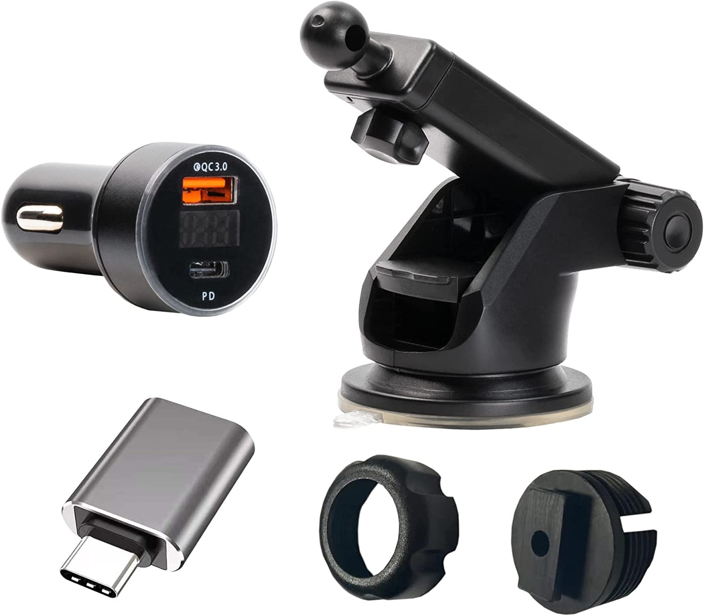 Ultimaxx (Wafr) Wireless Qi Charger Travel / Accessory Kit - Ext Mount with Adapter Rings, USB-C Adapter, Car Power Plug