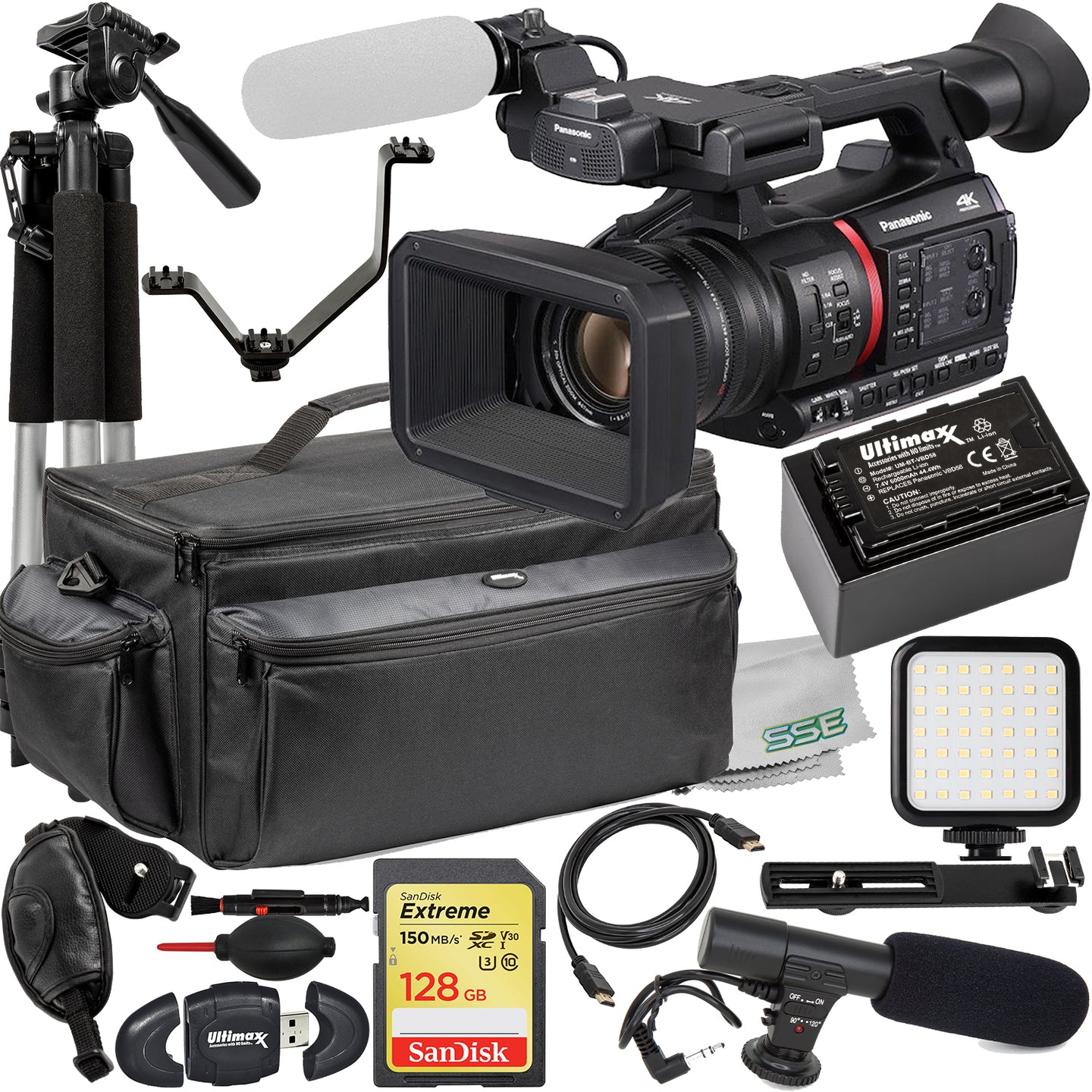 Panasonic AG-CX350 4K Camcorder with Advanced Accessory Bundle: SanDisk 128GB Extreme SDXC Memory Card, Condenser Microphone, Spare Battery, Tripod & Much More (22pc Bundle)