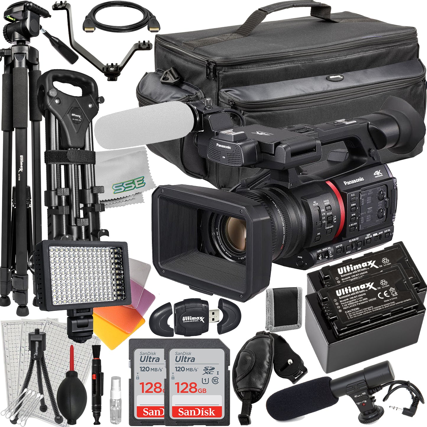 Panasonic AG-CX350 4K Camcorder with Deluxe Accessory Bundle: 2x SanDisk 128GB Ultra SDXC, 2x Spare Batteries, 160 LED Video Light, 80? Tripod/Monopod & Much More (30pc Bundle)