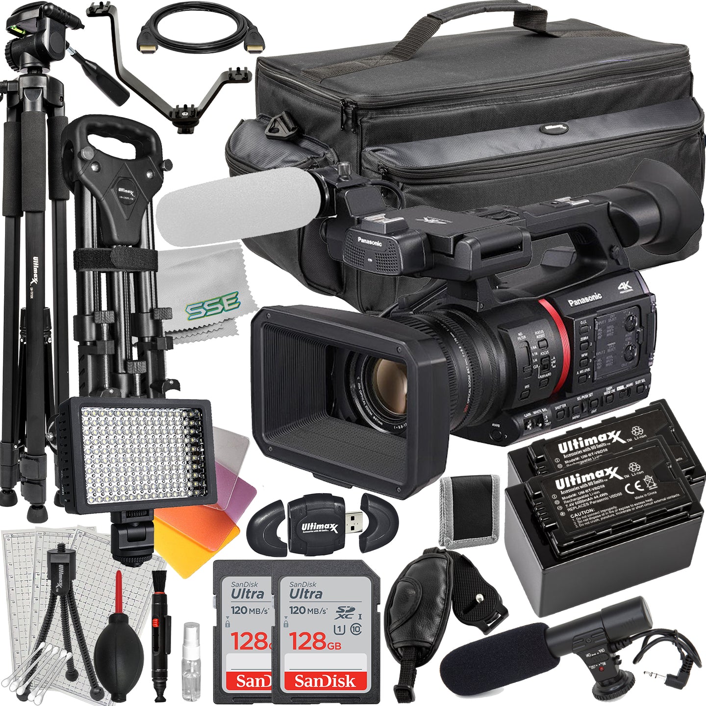 Panasonic AG-CX350 4K Camcorder with Deluxe Accessory Bundle: 2x SanDisk 128GB Ultra SDXC, 2x Spare Batteries, 160 LED Video Light, 80? Tripod/Monopod & Much More (30pc Bundle)