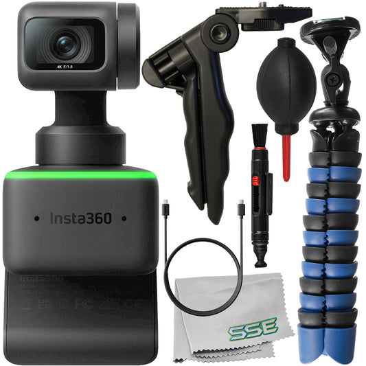 Insta360 Link UHD 4K AI Webcam + Ultimaxx Tripod Bundle + Manufacturer Accessories, Mini ?Gripster? Tripod, 6.5? Tabletop ?Pistol Grip? Tripod & More (8pc Bundle)