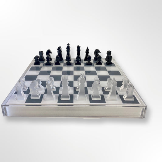CHESS/CHECKERS -  CLEAR, SIL/FROST SQ, BLK/FROST CHIPS