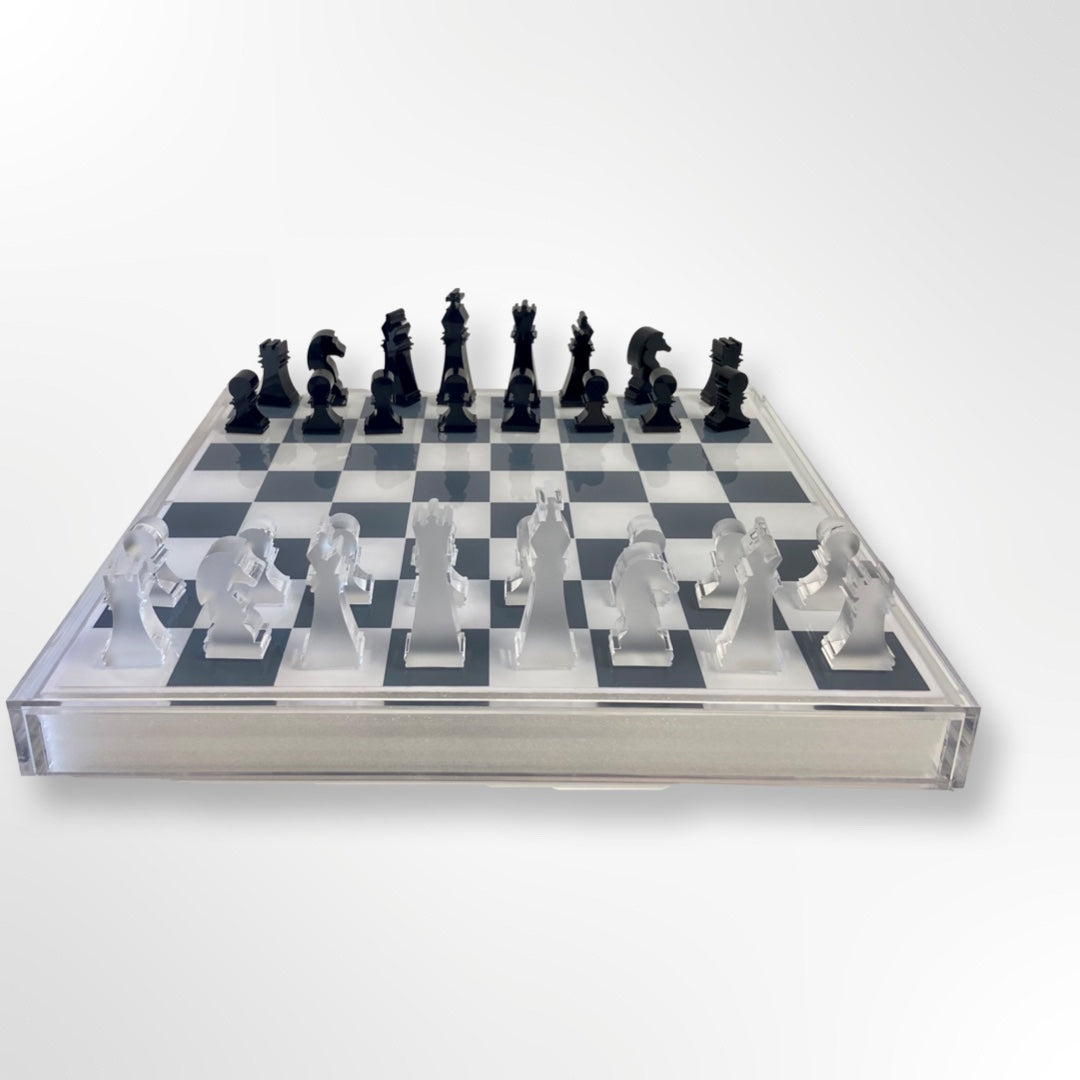 CHESS/CHECKERS -  CLEAR, SIL/FROST SQ, BLK/FROST CHIPS