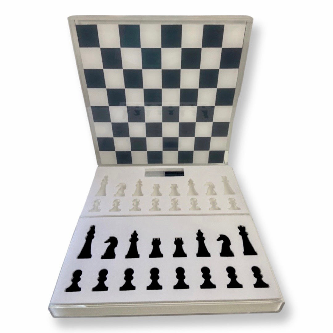 CHESS/CHECKERS -  CLEAR, SIL/FROST SQ, BLK/FROST CHIPS