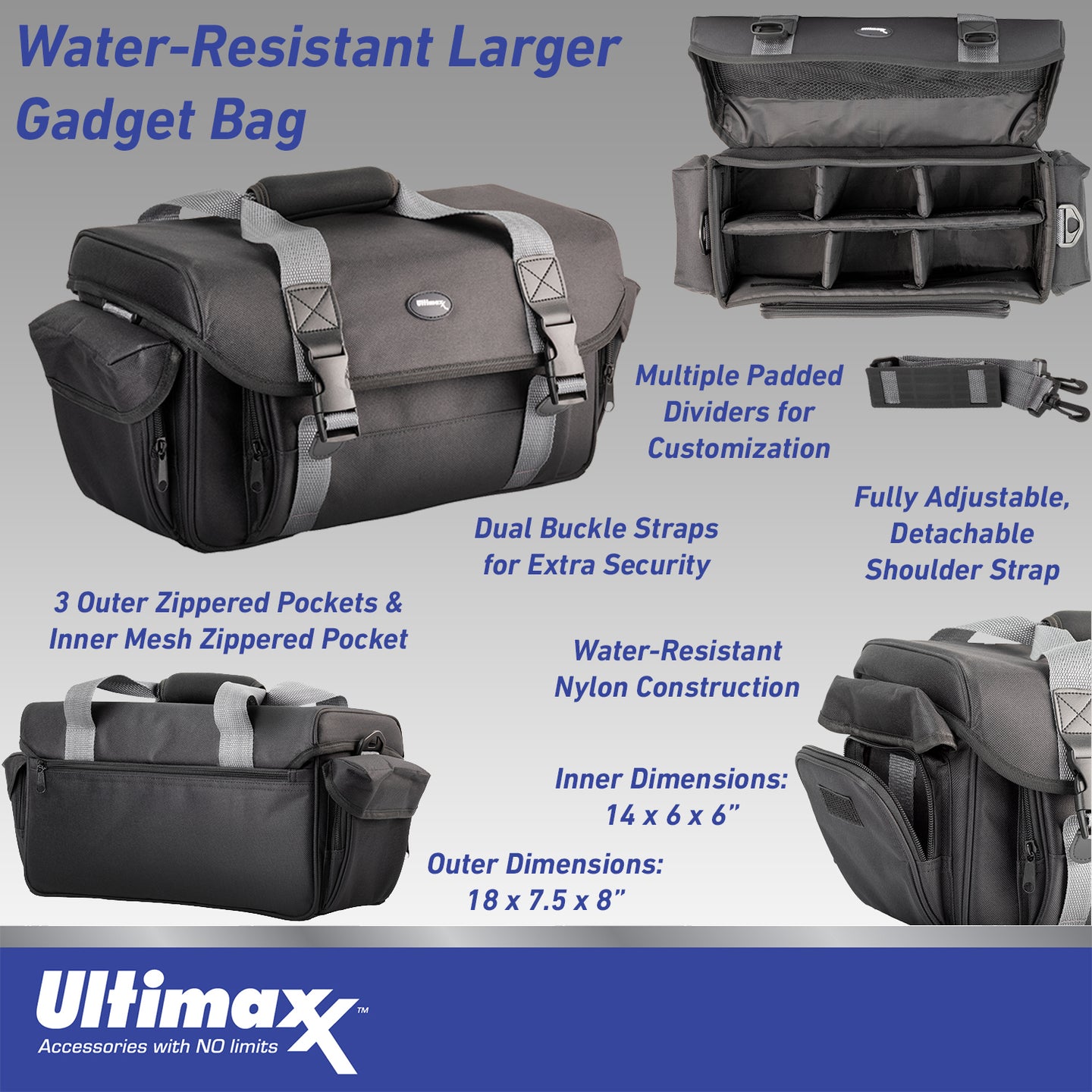 Ultimaxx Water-Resistant Gadget Bag for Electronics: Adjustable, Padded Dividers for Customization - Larger with Dual Buckles