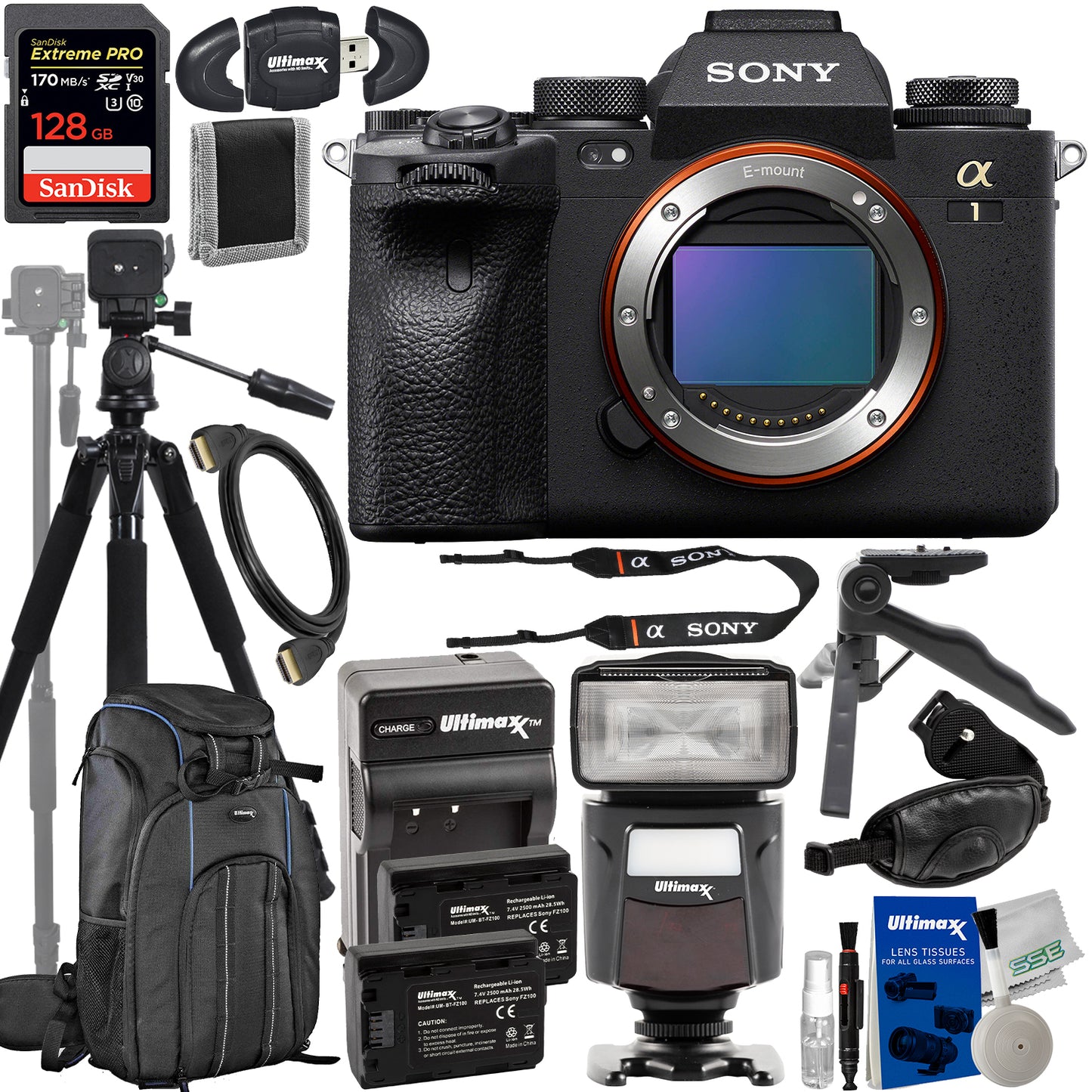 Sony a1 ( Alpha 1 ) Mirrorless Camera (Body Only) with Advanced Accessory Bundle: SanDisk 128GB Extreme Pro SDXC, 2x Extended Life Batteries, 2-in1 Lightweight 80? Tripod / Monopod & Much More